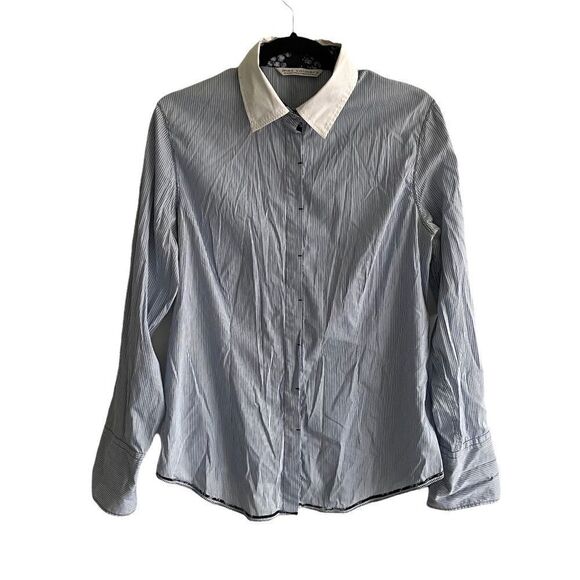 MAX VOLMARY Diamonds And Pearls Striped Button Front Shirt Blue White 14 - Picture 3 of 16